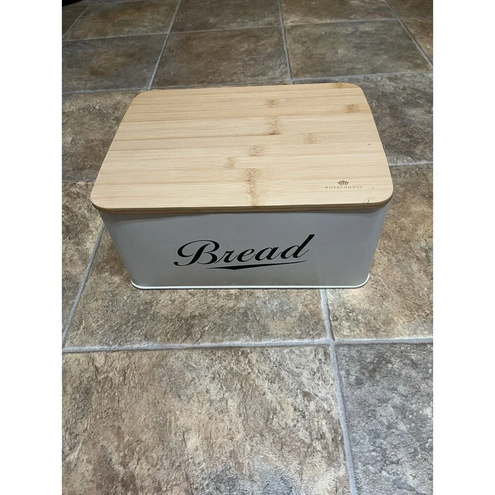 Royal House Classic Metal White Bread Box Bamboo Cutting Board Lid Farmhouse